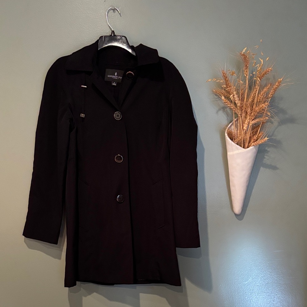 London Fog Black Raincoat S Detachable Hood 4 Button Closure Plaid Lined EUC